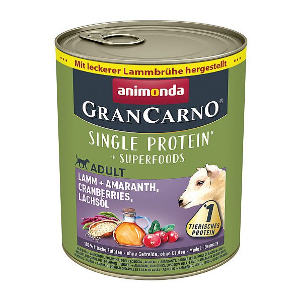 0220c46dd6f60368fc64e9ea5eff642a270da775 Konzerva GRANCARNO Superfoods 800g - jahňacie, amarant, brusnice, lososový olej – Obrázok 1