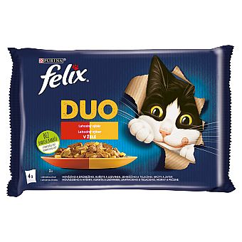 2471cfb3a12c83aa089fc8817ba6a3b8153454ad FELIX Fantastic DUO Multipack 4x85g kura/ hovädzie/ morka/ jahňacie – Obrázok 1