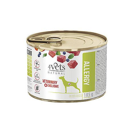 3290ab5e3cb22259e363a5c53f4c1f5cd20f4bee 4Vets Dog Allergy konzerva pre psy 185 g – Obrázok 1