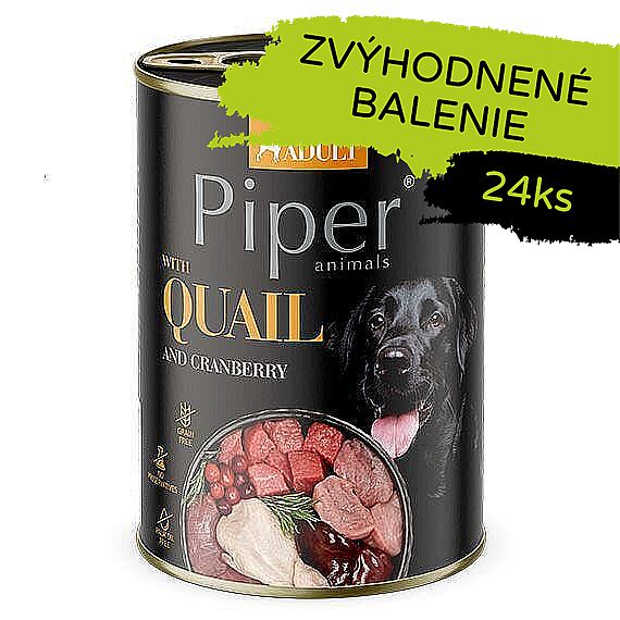 35361ac23d503d6947bd8fce4fb9e1d5af9ea00d PIPER konzerva pre psov s prepelicou a brusnicami 24×400g – Obrázok 1