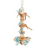 Toy with rope and leather ribbon, wood, coloured, 35 cm