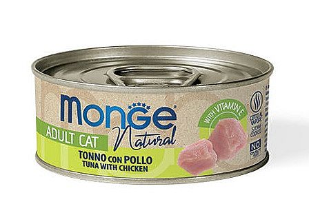 487d0e0042fd7158ed67230aabb30d1a797f6685 MONGE NATURAL kúsky tuniaka s kuracím mäsom 80g konzerva pre mačky – Obrázok 1