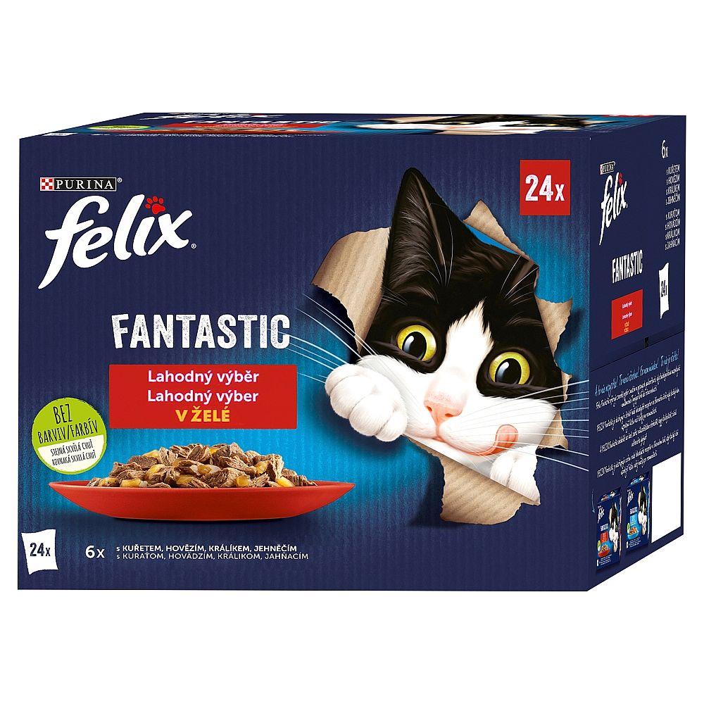 4e852068e5306327b6d6b9bfda43a0b335ecd1e0 FELIX Fantastic Multipack 24x85g kura/hovädzie/králik/jahňacie v želé – Obrázok 1