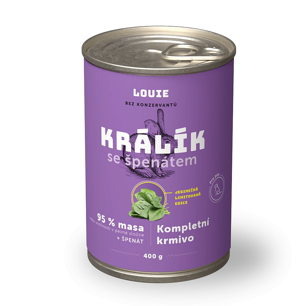 5c7d06a730a8aa01d160959b6fdc9e95c6a03685 Konzerva LOUIE králik so špenátom 400g pre psov – Obrázok 1