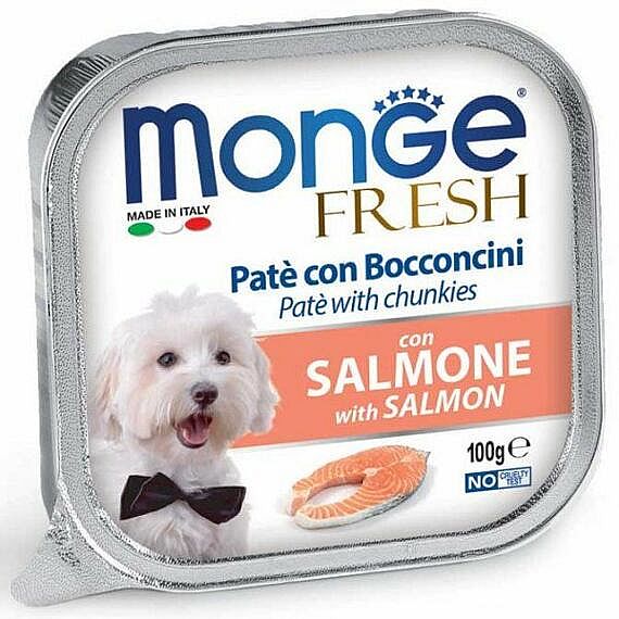 6ab38c0b912e86d3889ed693838b3de52e47a272 MONGE FRESH - paštika a kúsky s lososom 100g pre psov – Obrázok 1