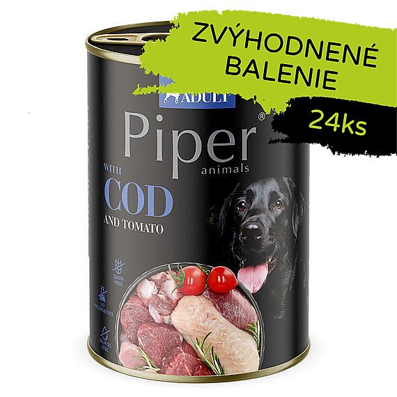 6c6048747ad2efd499b167cdedbe6ba6b6f34fc3 PIPER konzerva pre psov s treskou a paradajkami 24×400g – Obrázok 1