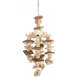 Toy on a chain, with rope and pearls, wood/cork, 35 cm