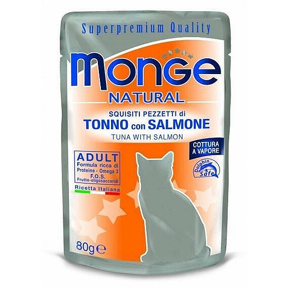 8af96df59d45623b100dcdb253352a9a82436841 MONGE NATURAL tuniak v želé s lososom 80g kapsička pre mačky – Obrázok 1