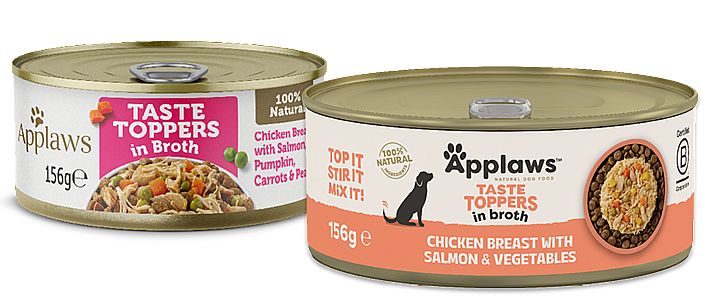 90f848ae4fbd9efdd10e43aea034a1615d97c979 Konzerva APPLAWS Dog taste toppers Chicken with Salmon and vegetables in Broth 156g – Obrázok 1