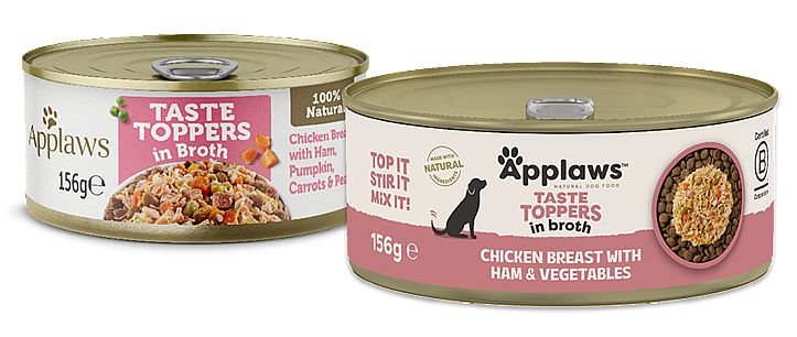 9834b84aa7e6858fa0933163a6f088086c383b8b Konzerva APPLAWS Dog taste toppers Chicken with Ham and vegetables in Broth 156g – Obrázok 1