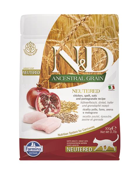OBC018986-1579098020 Farmina N&D cat AG adult, neutered, chicken, spelt, oats & pomegranate 0,3 kg – Obrázok 1