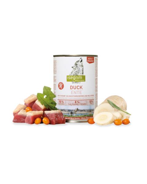 OBC022466-1659533394 ISEGRIM dog Adult Duck with Parsnip, Sea Buckthorn & Wild Herbs bal. 6 x 400 g konzerva – Obrázok 1