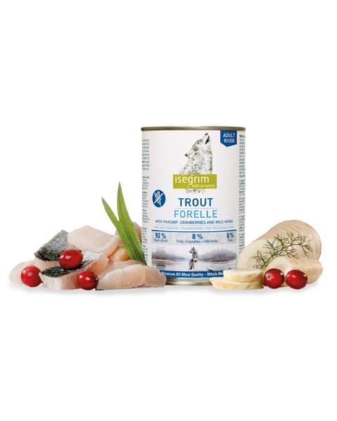 OBC022468-1659535747 ISEGRIM dog Adult Trout with Parsnip, Cranberries & Wild Herbs bal. 6 x 400 g konzerva – Obrázok 1