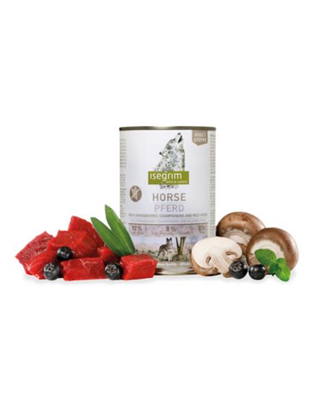 OBC022471-1659536465 ISEGRIM dog Adult Mono Horse pure with Chokeberries, Champignons & Wild Herbs bal. 6 x 400 g konzerva – Obrázok 1
