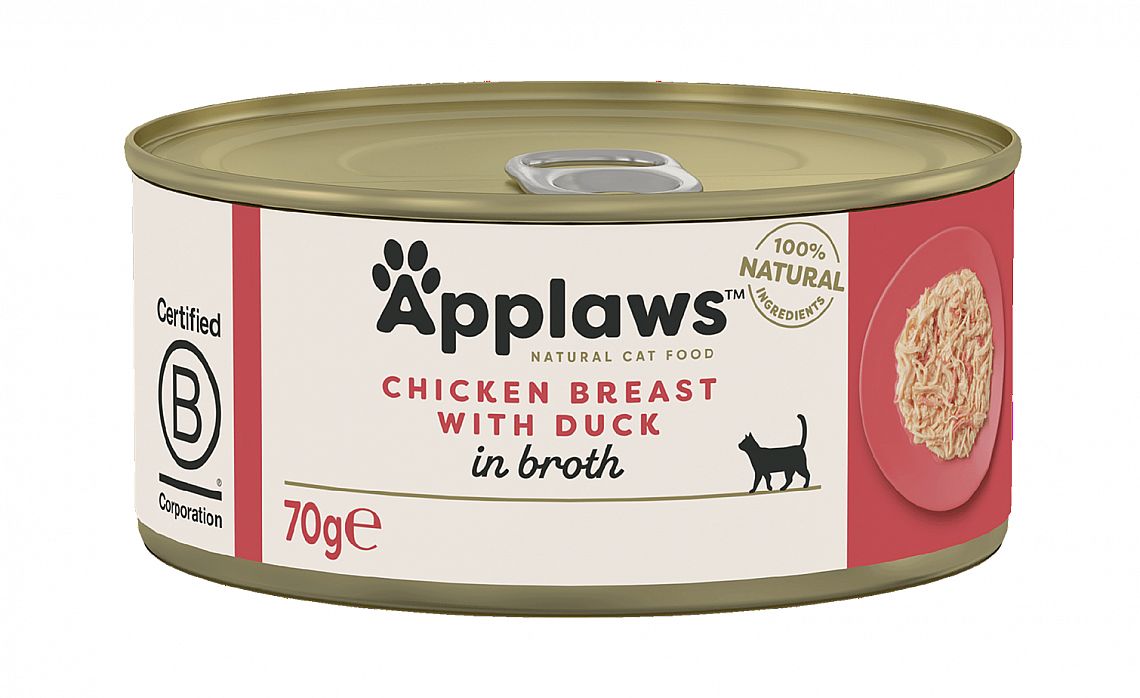 aabb4558bd329f886420690c3b2b2a7cd24734b1 Konzerva APPLAWS Cat Chicken breast with Duck 70g in broth – Obrázok 1