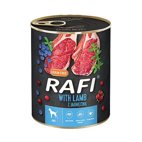 c72f288ae0a81af5ff93147acb245ae74eb0fd95 RAFI Grain Free konzerva pre psy s jahňacím mäsom 800 g – Obrázok 1
