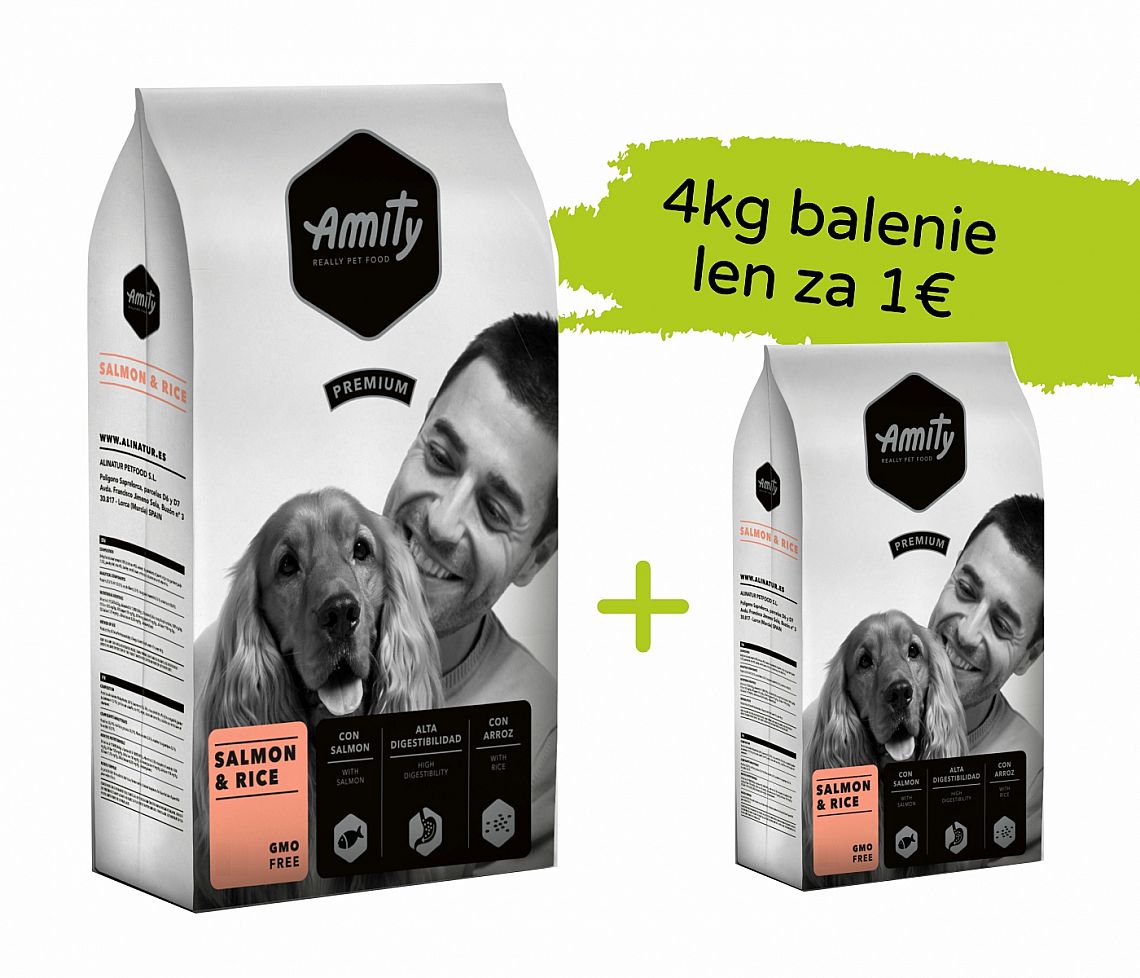 e46b7389451124a6974f507e9480e1735abf4142 Amity Premium Salmon and Rice 15kg +4kg za 1€ – Obrázok 1