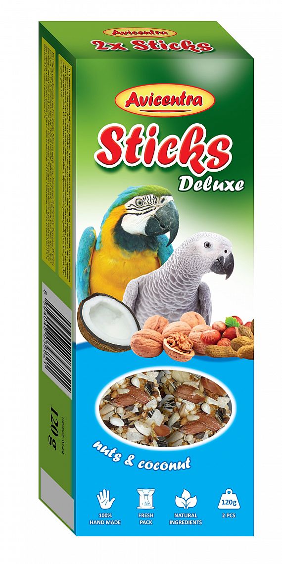 e55c708e3d4428d8c28f7de930178ce97c0c6e22 AVC Tyčiinky pre veľké papagáje orech, kokos 2ks 120g – Obrázok 1