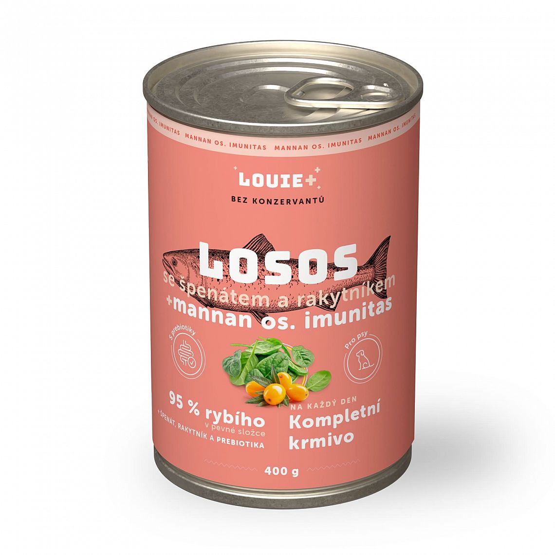 e655327964348c73bc4797e896a3c6533b5c5d81 Konzerva LOUIE losos, rakytník, špenát prebiotika 400g pre psov – Obrázok 1