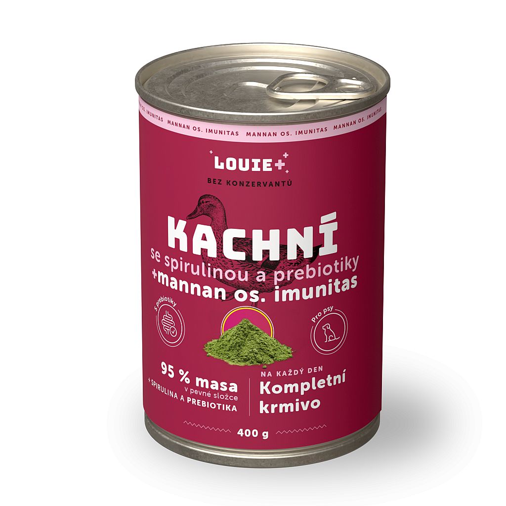 e70cbdb1a3aab8b40ac9ca867092d3de58962011 Konzerva LOUIE kačka, spirulina, prebiotika 400g pre psov – Obrázok 1