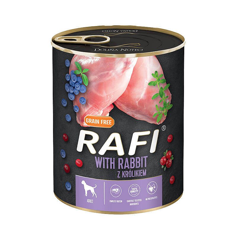 e94f337015fa90f83a9d3eb351d8a56ef8003e98 RAFI Grain Free konzerva pre psy s králikom 800 g – Obrázok 1