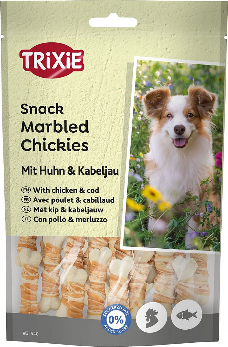 ed6826249e4097622482e2dd321f8eb7f4f7e5d0 Marbled Chickies, snack kostičky v kuracom mäse s treskou, 100 g – Obrázok 1